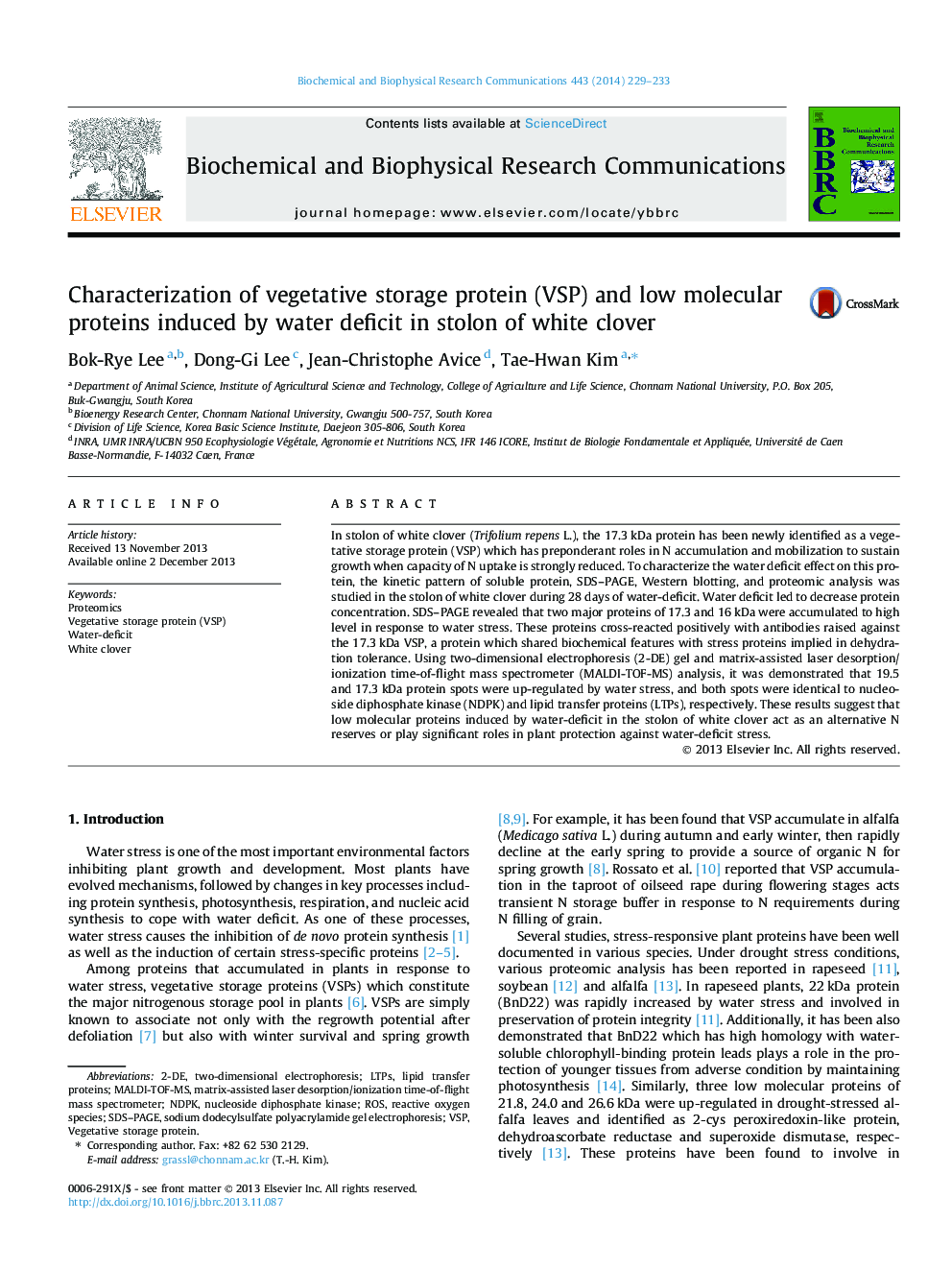 Characterization of vegetative storage protein (VSP) and low molecular proteins induced by water deficit in stolon of white clover