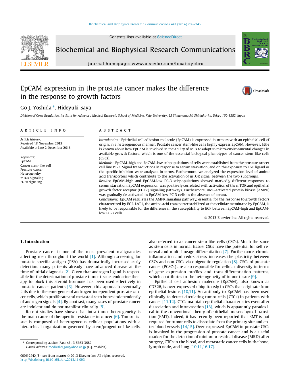 EpCAM expression in the prostate cancer makes the difference in the response to growth factors