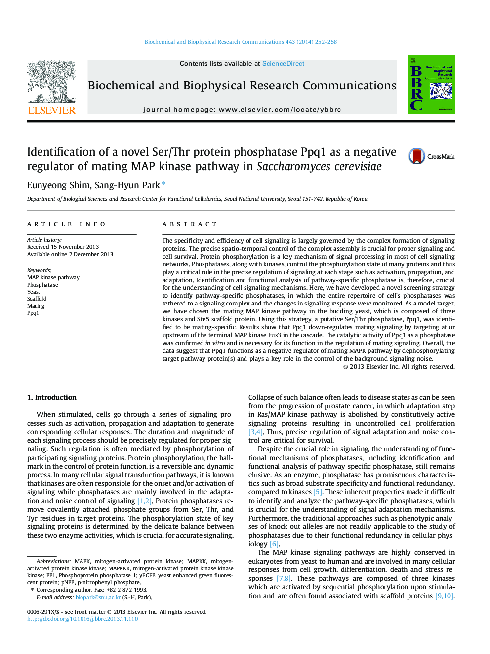 Identification of a novel Ser/Thr protein phosphatase Ppq1 as a negative regulator of mating MAP kinase pathway in Saccharomyces cerevisiae