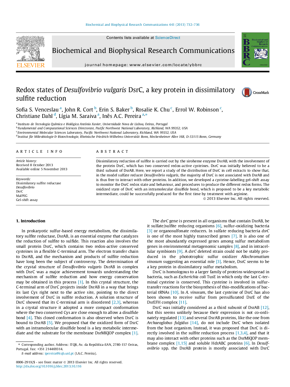 Redox states of Desulfovibrio vulgaris DsrC, a key protein in dissimilatory sulfite reduction