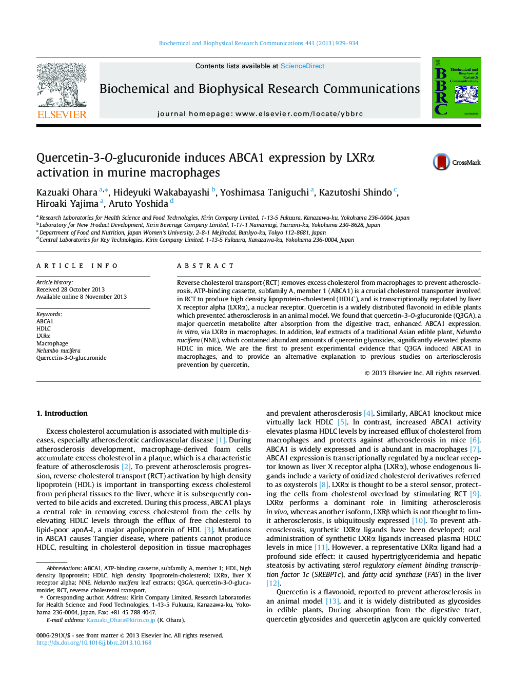 Quercetin-3-O-glucuronide induces ABCA1 expression by LXRÎ± activation in murine macrophages