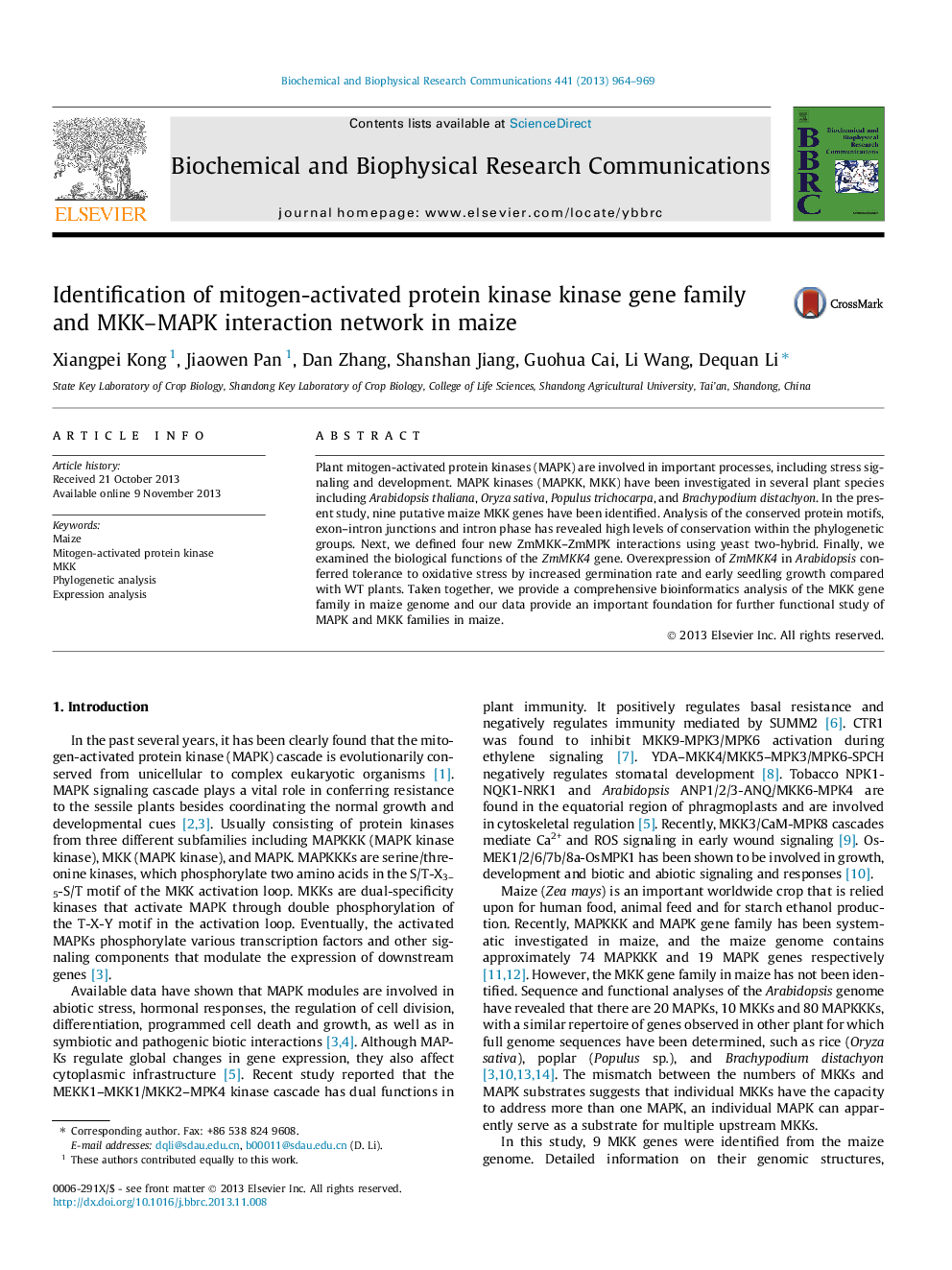 Identification of mitogen-activated protein kinase kinase gene family and MKK-MAPK interaction network in maize