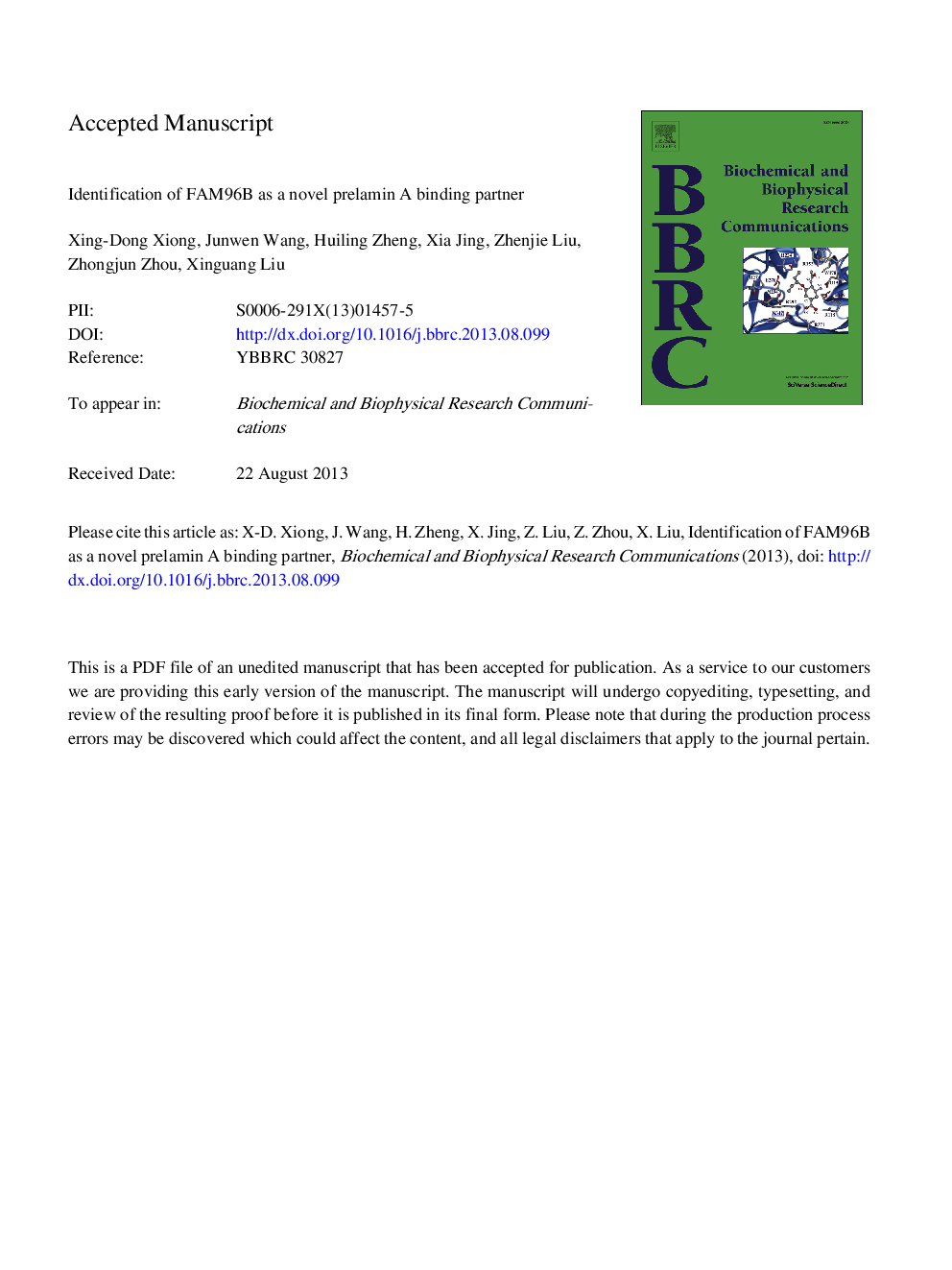 Identification of FAM96B as a novel prelamin A binding partner