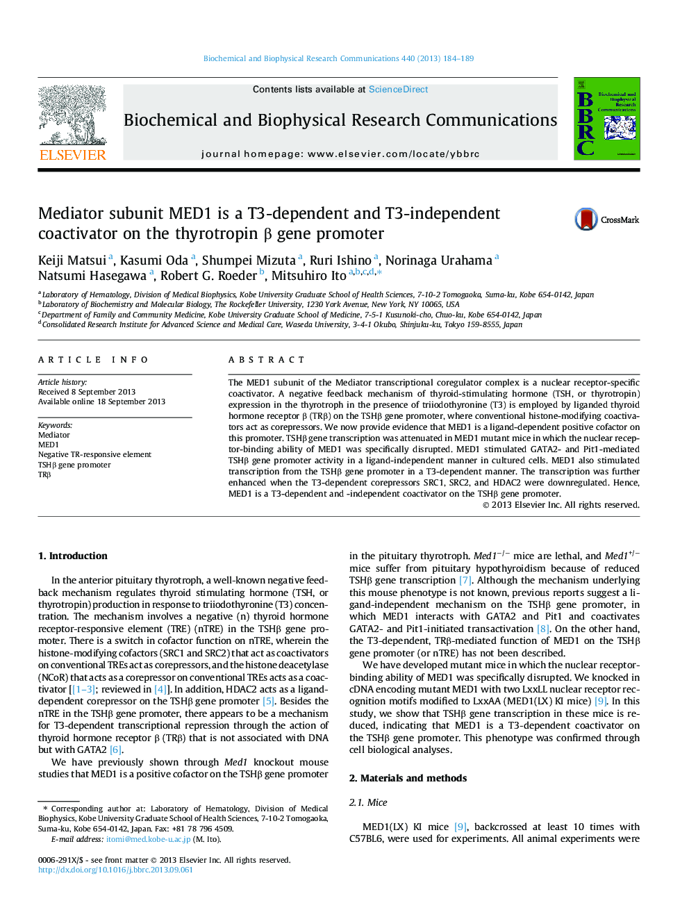 Mediator subunit MED1 is a T3-dependent and T3-independent coactivator on the thyrotropin Î² gene promoter