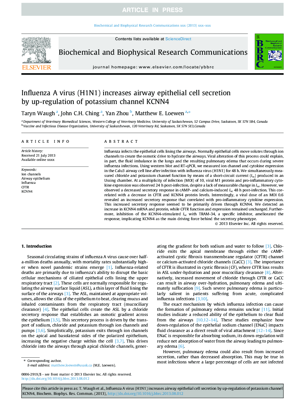 Influenza A virus (H1N1) increases airway epithelial cell secretion by up-regulation of potassium channel KCNN4