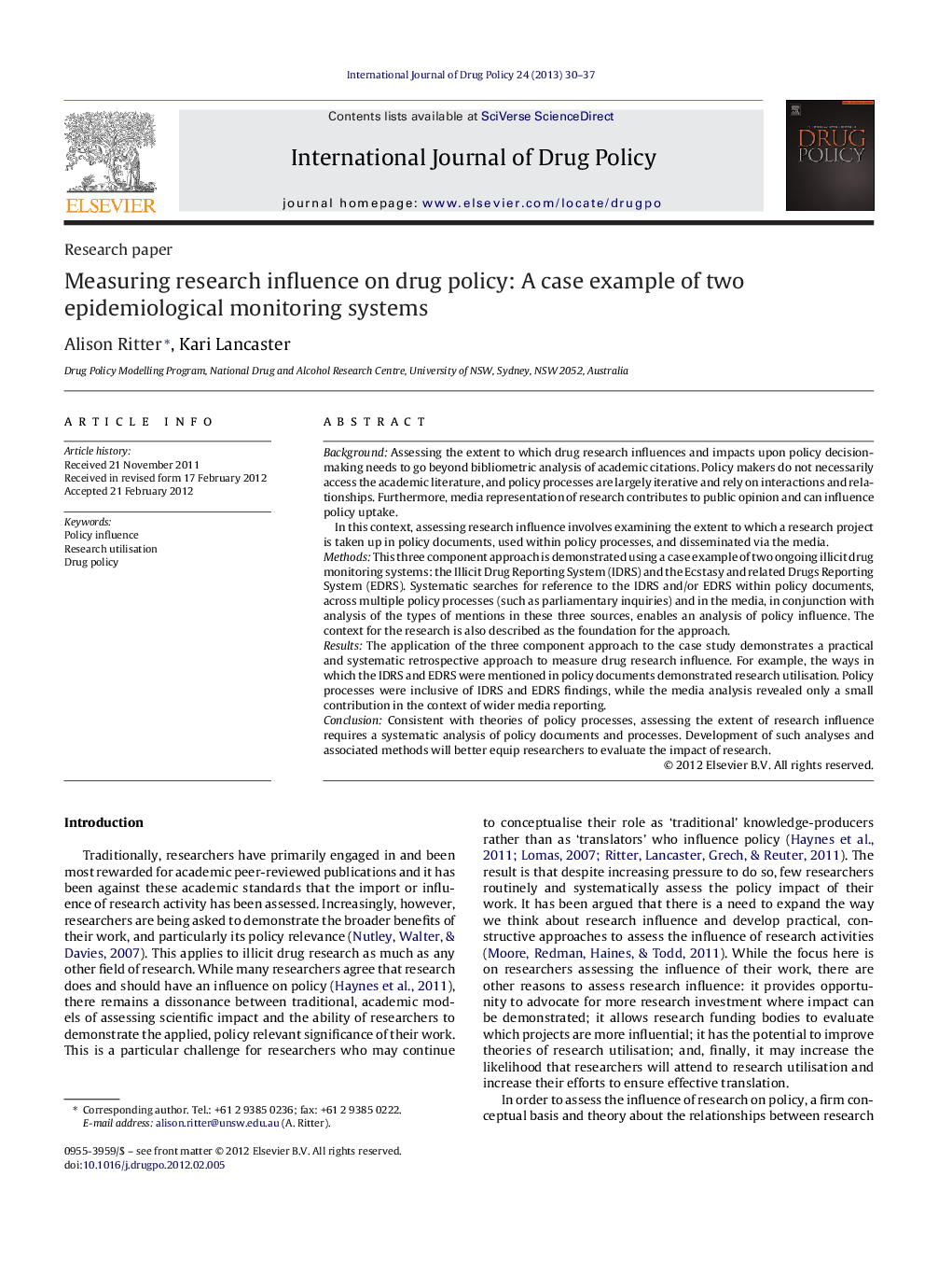 Measuring research influence on drug policy: A case example of two epidemiological monitoring systems