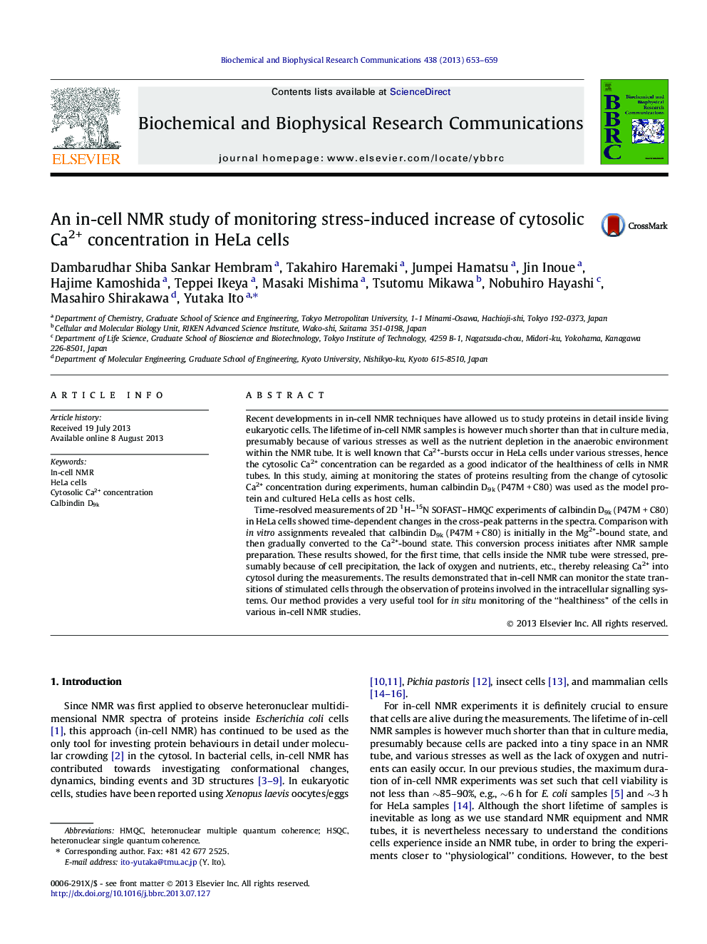 An in-cell NMR study of monitoring stress-induced increase of cytosolic Ca2+ concentration in HeLa cells