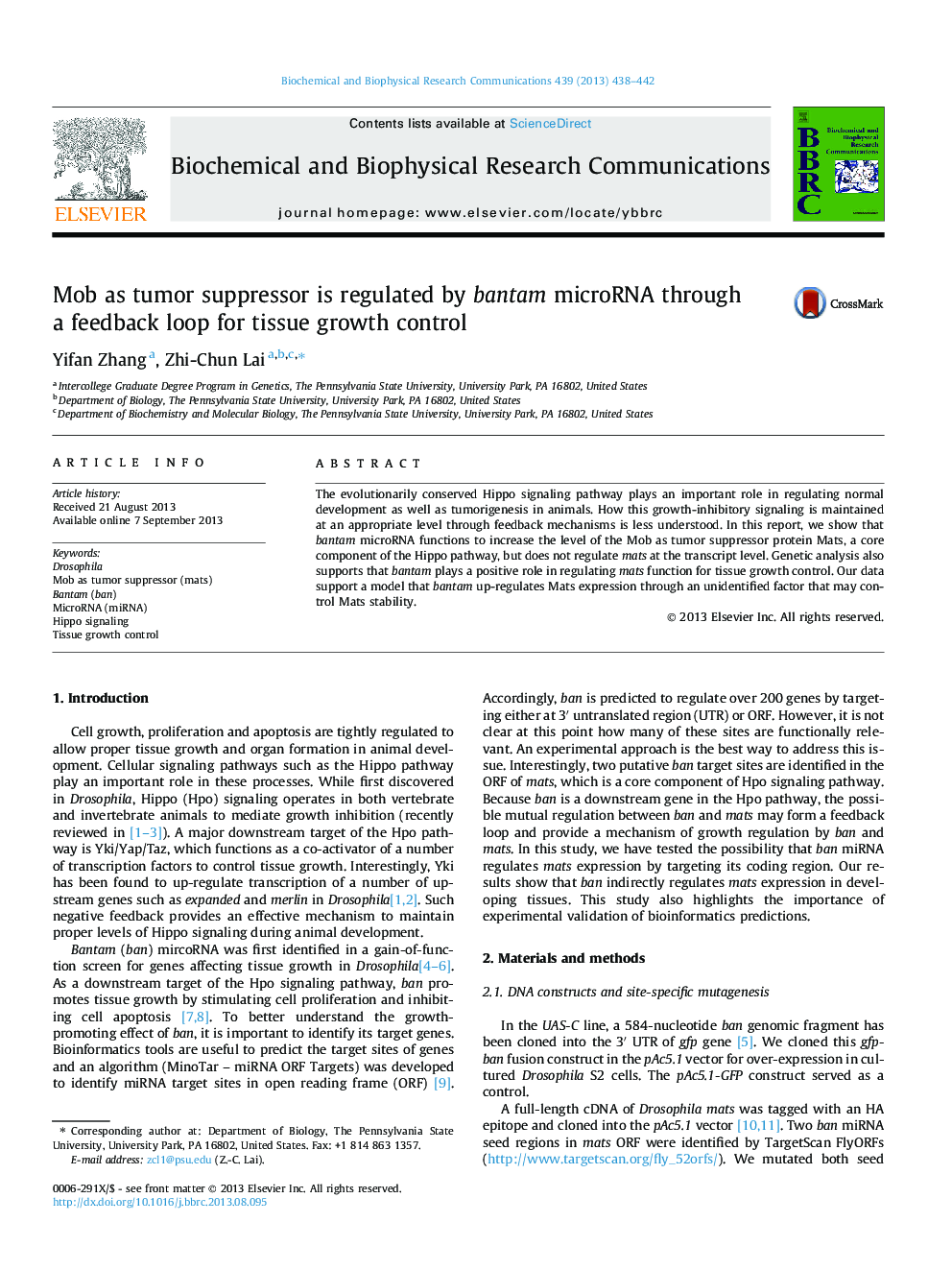 Mob as tumor suppressor is regulated by bantam microRNA through a feedback loop for tissue growth control