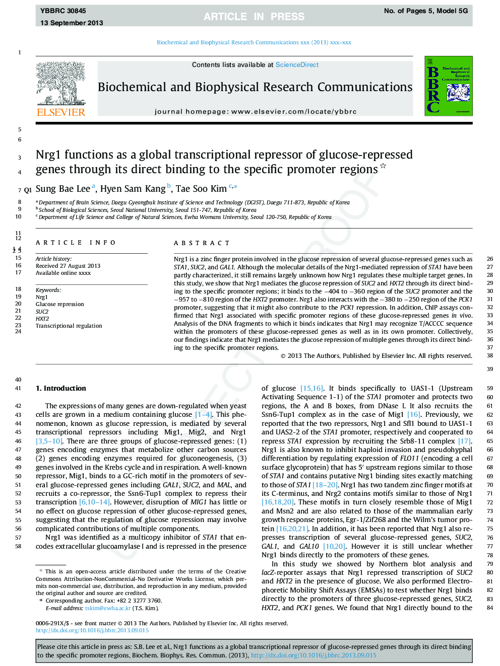 Nrg1 functions as a global transcriptional repressor of glucose-repressed genes through its direct binding to the specific promoter regions