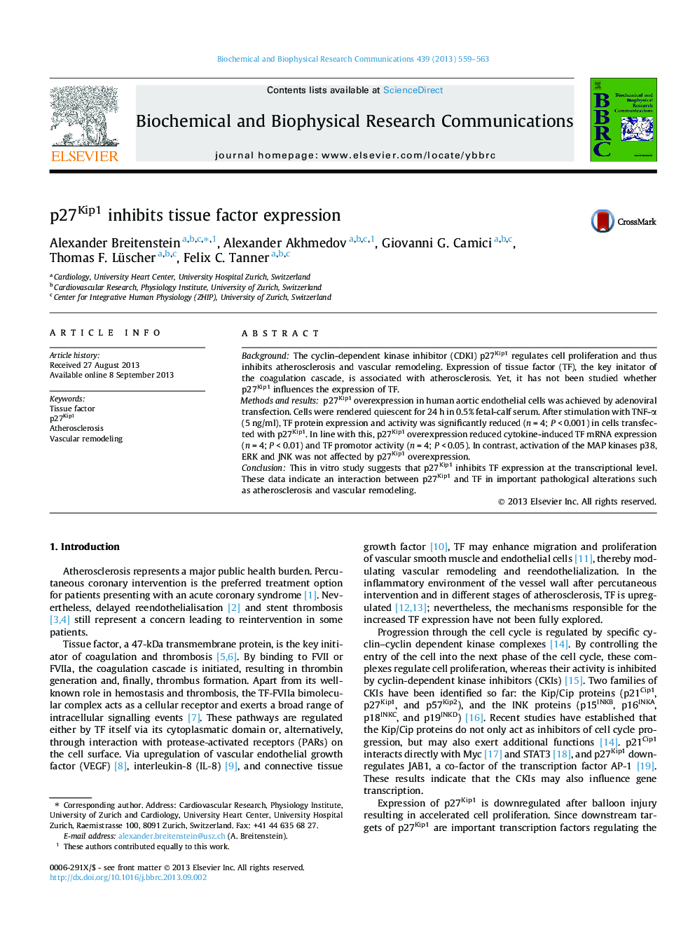 p27Kip1 inhibits tissue factor expression