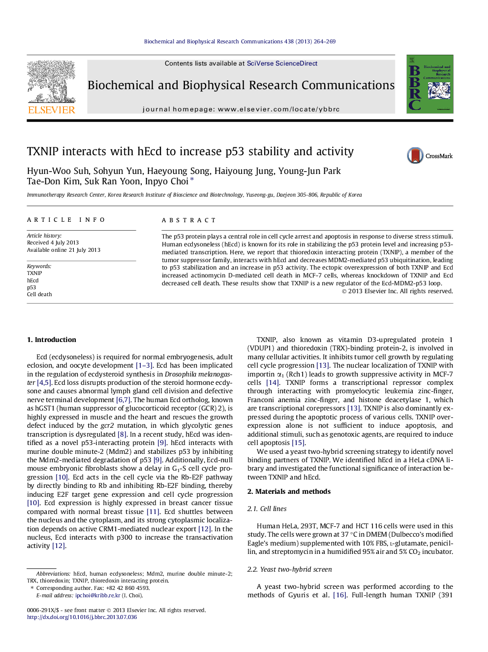 TXNIP interacts with hEcd to increase p53 stability and activity