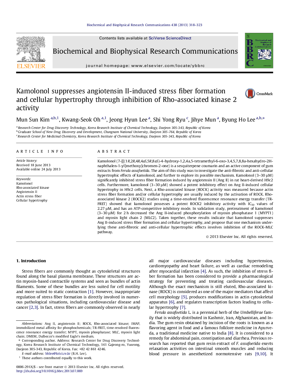 Kamolonol suppresses angiotensin II-induced stress fiber formation and cellular hypertrophy through inhibition of Rho-associated kinase 2 activity