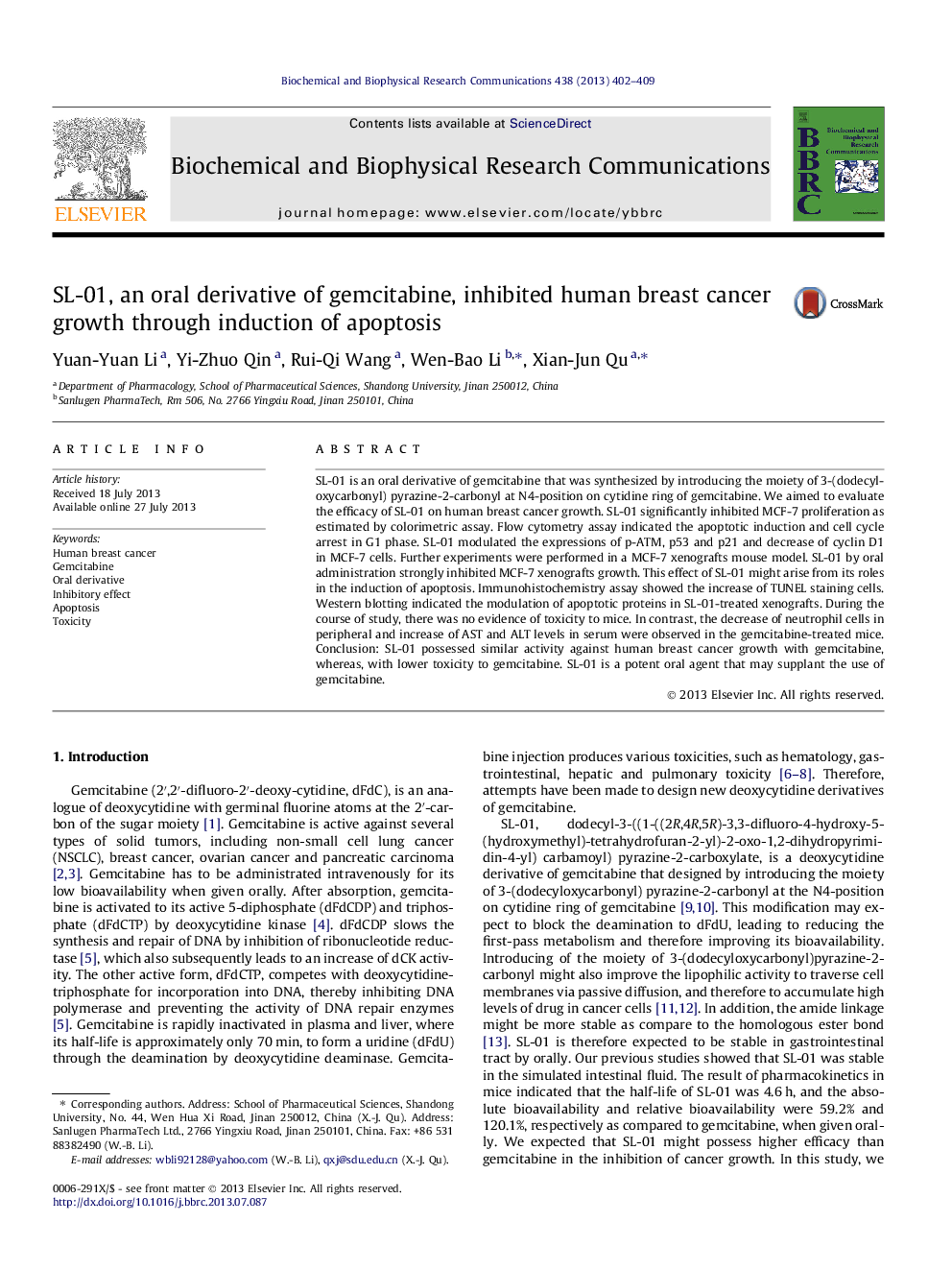 SL-01, an oral derivative of gemcitabine, inhibited human breast cancer growth through induction of apoptosis