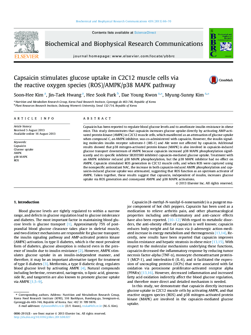 Capsaicin stimulates glucose uptake in C2C12 muscle cells via the reactive oxygen species (ROS)/AMPK/p38 MAPK pathway