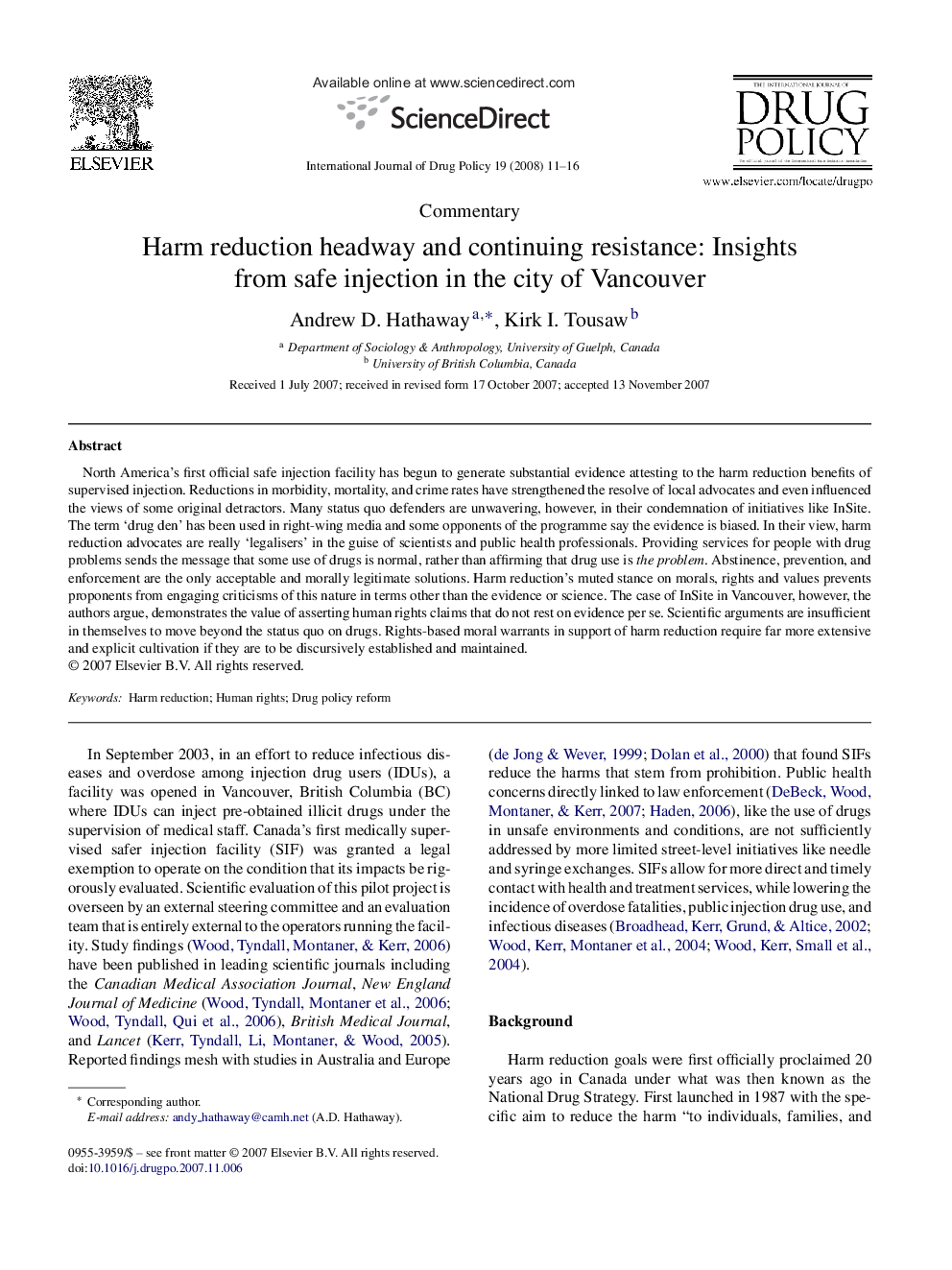 Harm reduction headway and continuing resistance: Insights from safe injection in the city of Vancouver