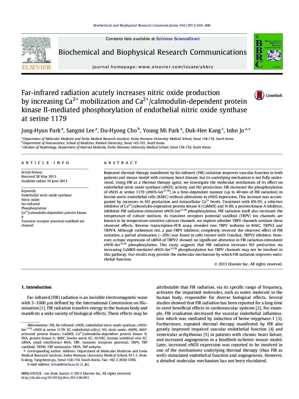 Far-infrared radiation acutely increases nitric oxide production by increasing Ca2+ mobilization and Ca2+/calmodulin-dependent protein kinase II-mediated phosphorylation of endothelial nitric oxide synthase at serine 1179