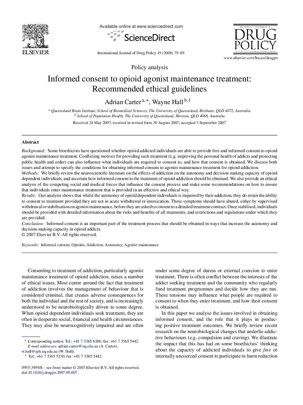 Informed consent to opioid agonist maintenance treatment: Recommended ethical guidelines