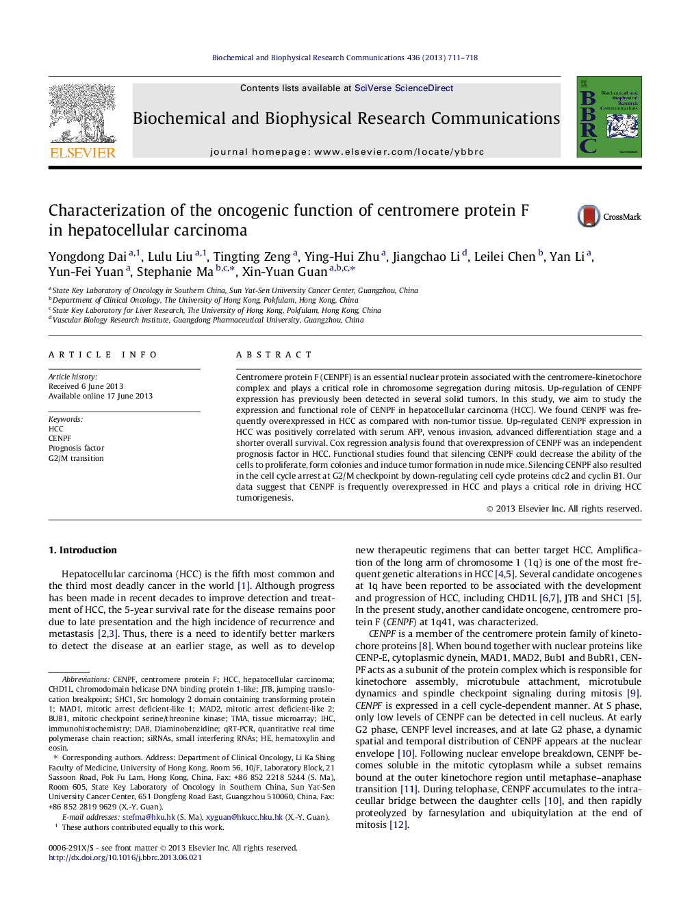 Characterization of the oncogenic function of centromere protein F in hepatocellular carcinoma