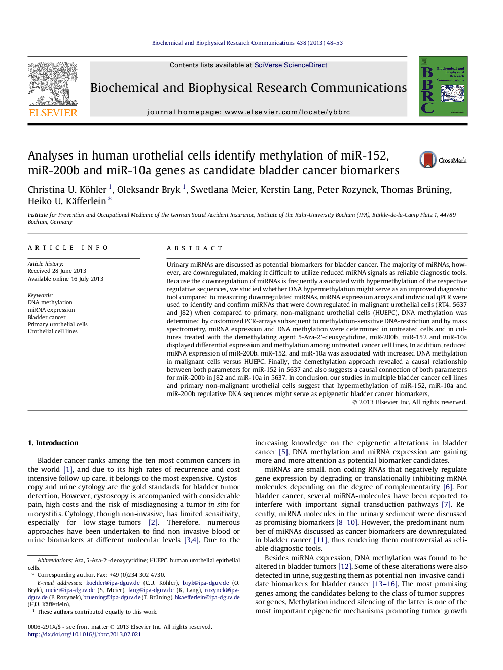 Analyses in human urothelial cells identify methylation of miR-152, miR-200b and miR-10a genes as candidate bladder cancer biomarkers