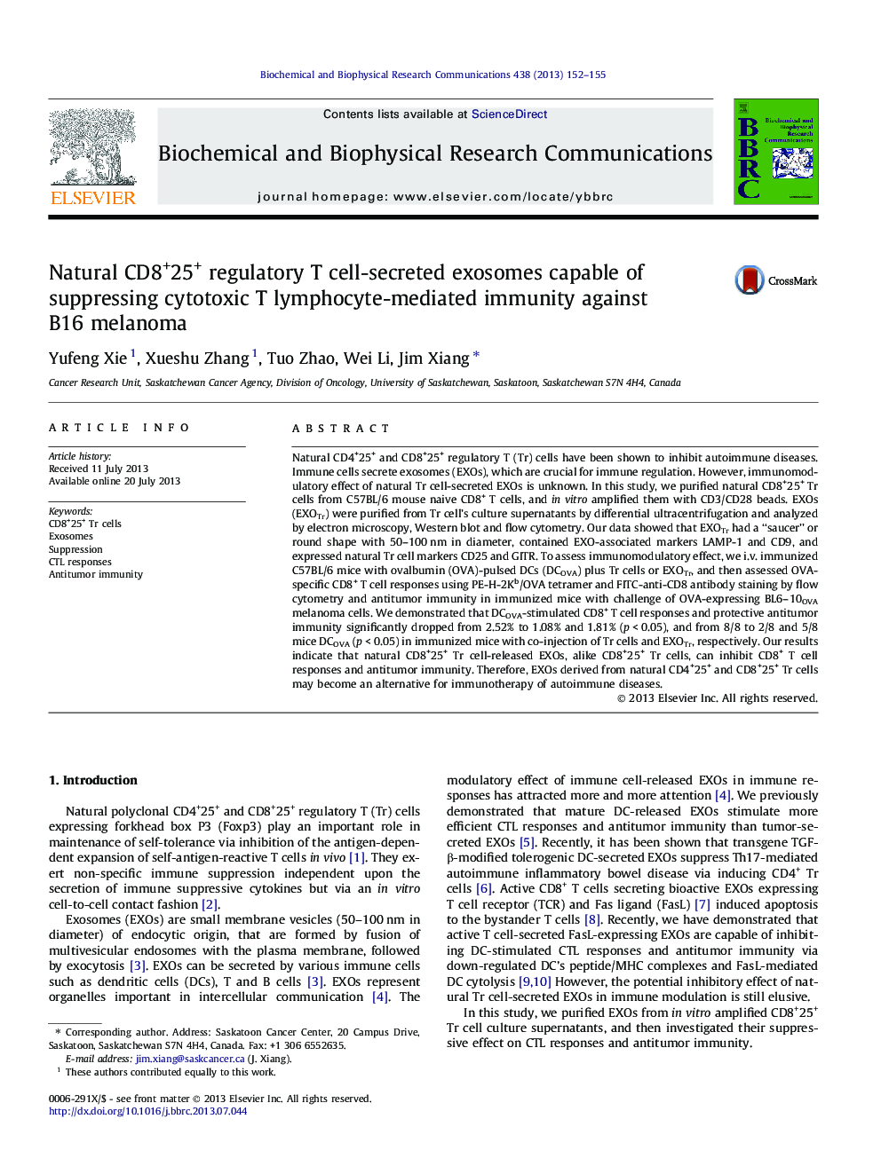 Natural CD8+25+ regulatory T cell-secreted exosomes capable of suppressing cytotoxic T lymphocyte-mediated immunity against B16 melanoma