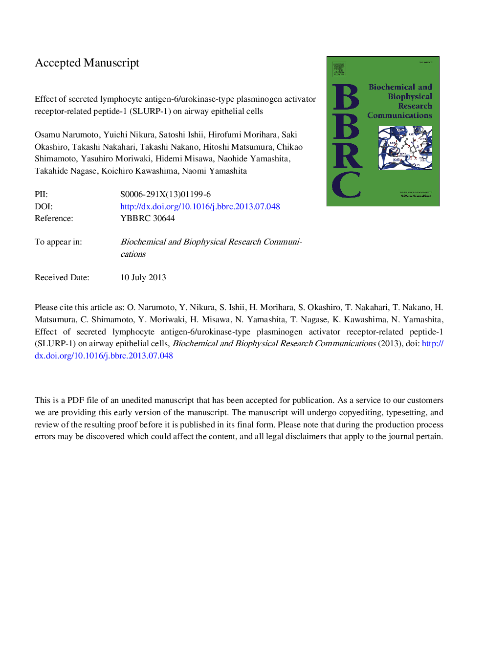 Effect of secreted lymphocyte antigen-6/urokinase-type plasminogen activator receptor-related peptide-1 (SLURP-1) on airway epithelial cells