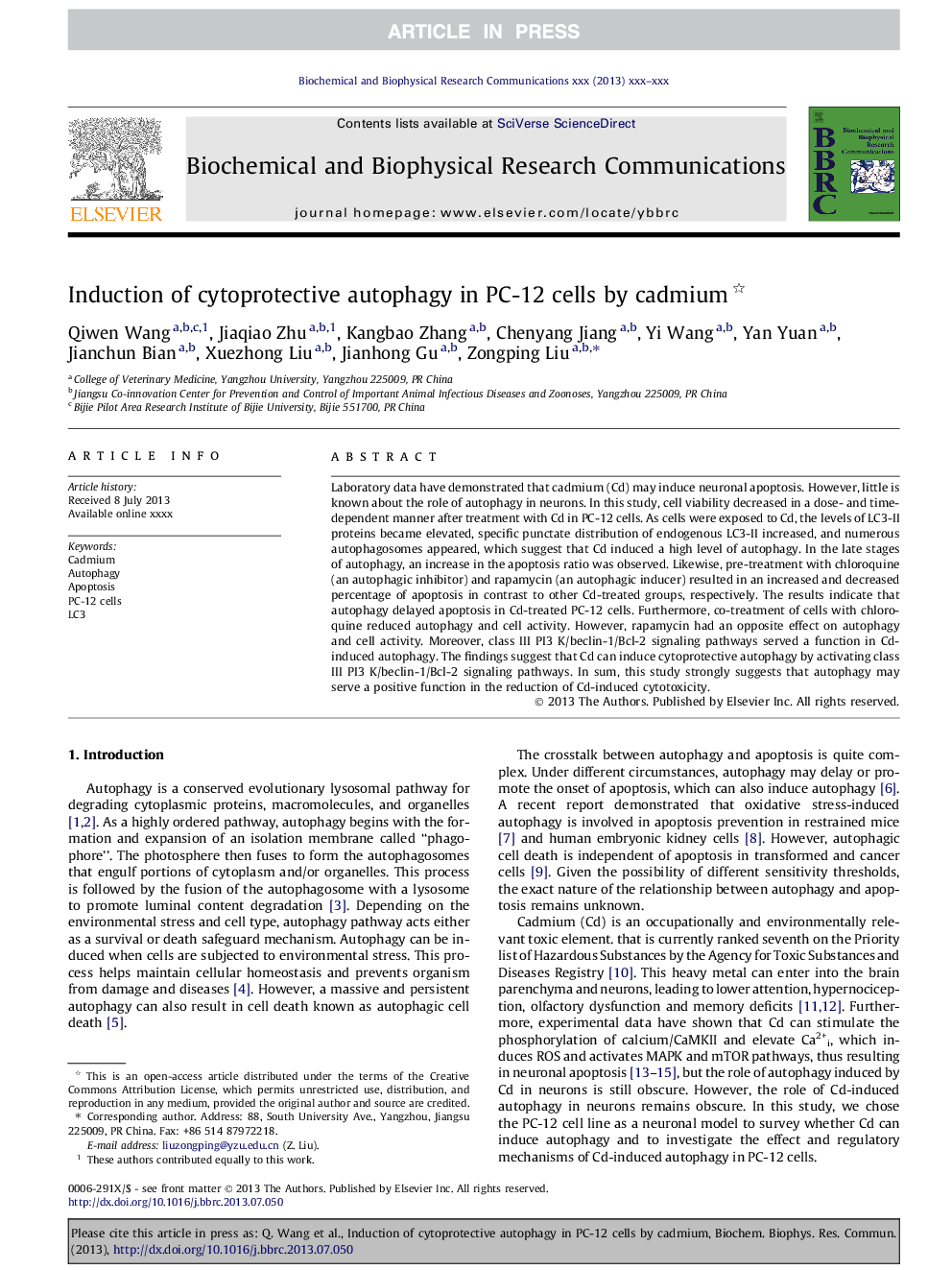 Induction of cytoprotective autophagy in PC-12 cells by cadmium