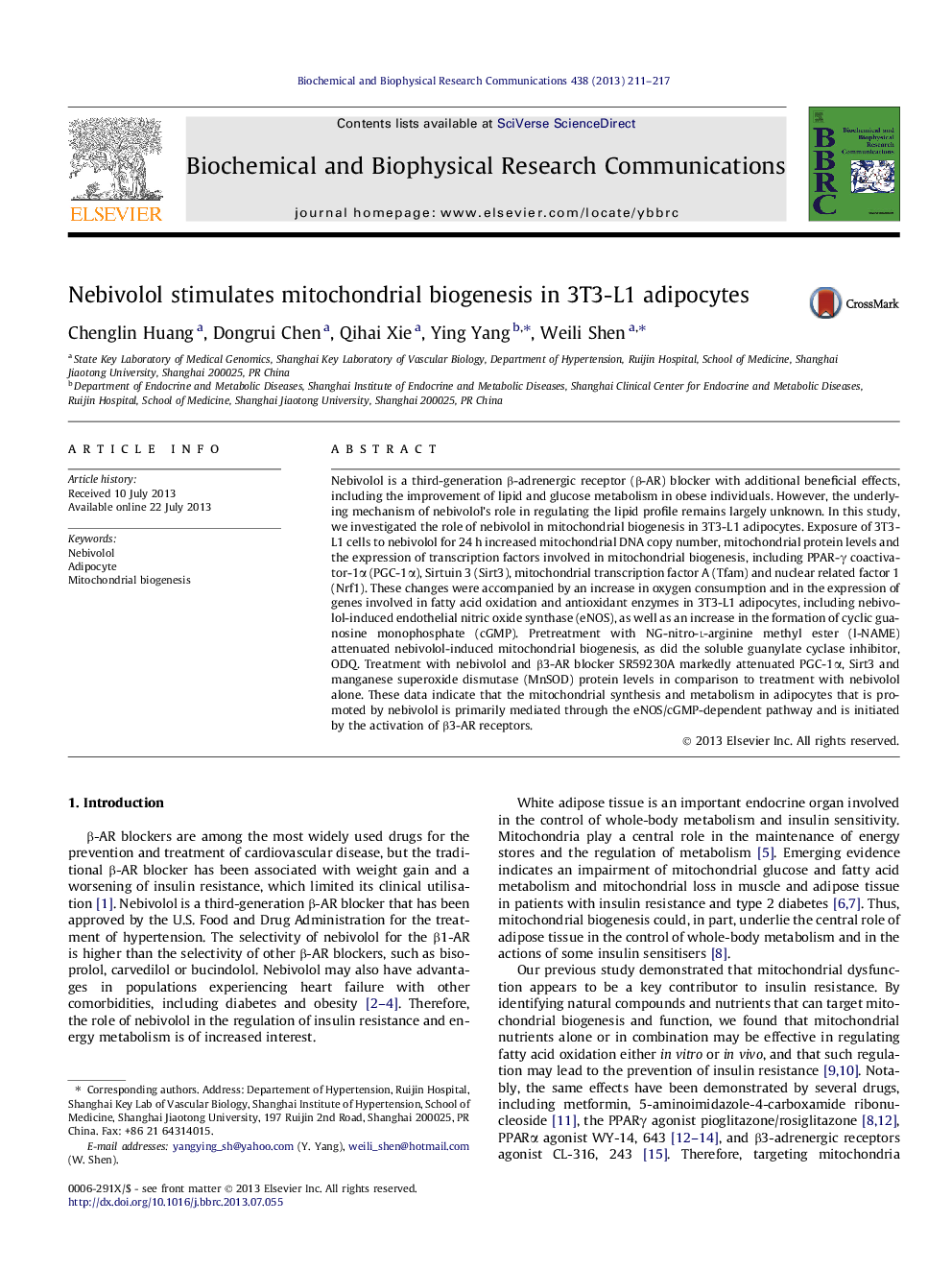 Nebivolol stimulates mitochondrial biogenesis in 3T3-L1 adipocytes