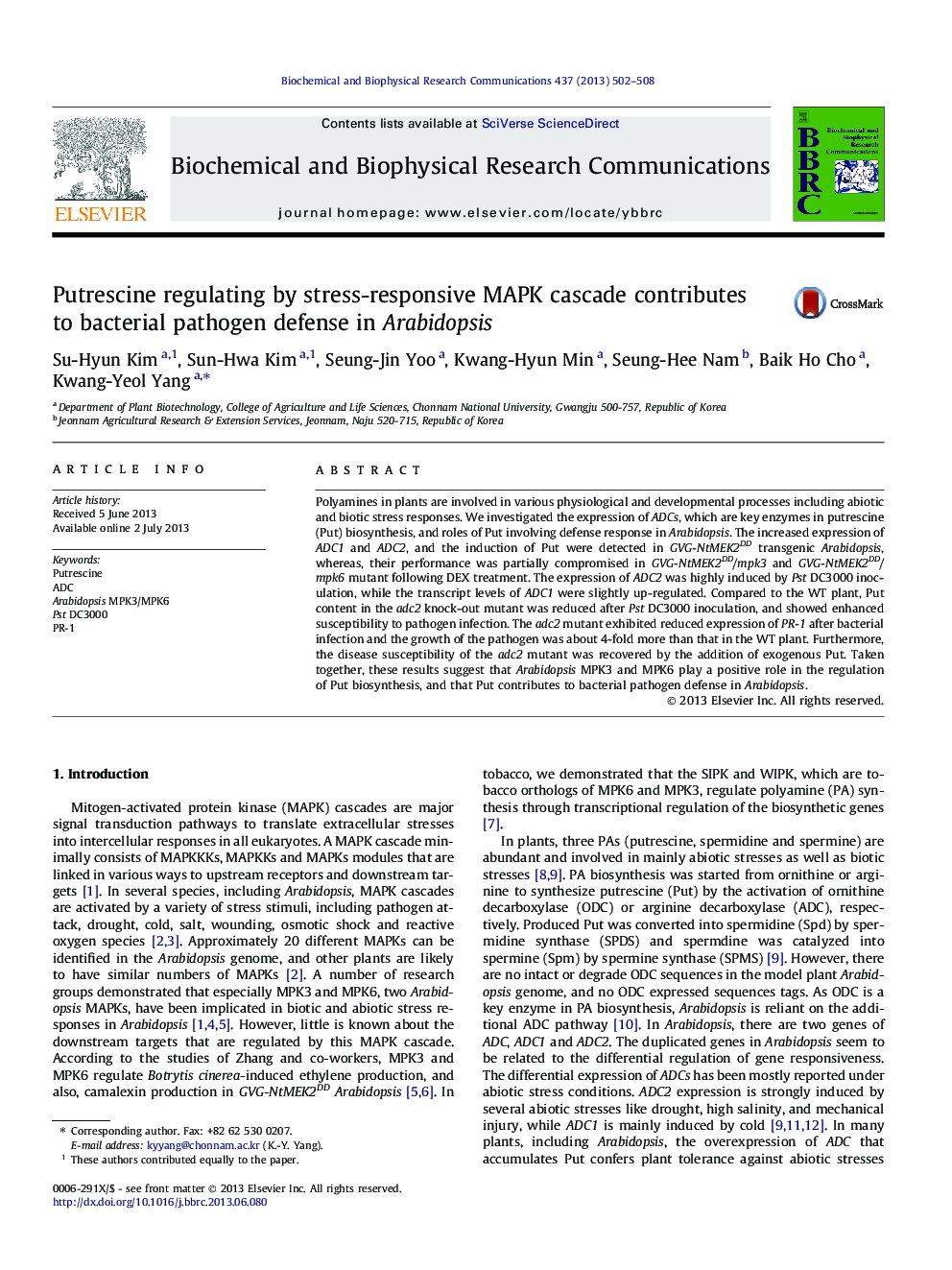 Putrescine regulating by stress-responsive MAPK cascade contributes to bacterial pathogen defense in Arabidopsis