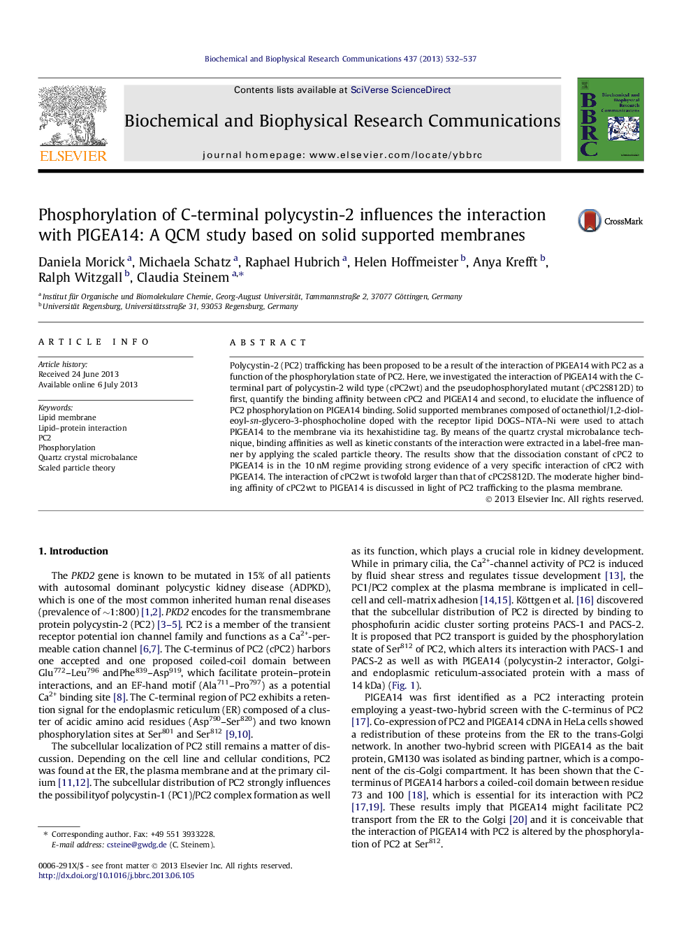 Phosphorylation of C-terminal polycystin-2 influences the interaction with PIGEA14: A QCM study based on solid supported membranes