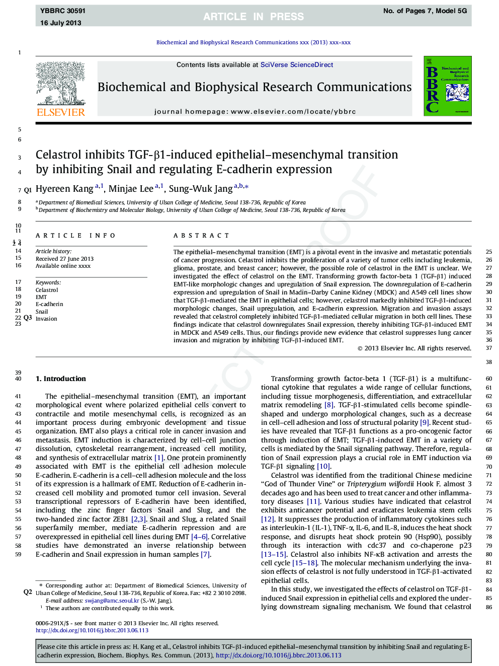 Celastrol inhibits TGF-Î²1-induced epithelial-mesenchymal transition by inhibiting Snail and regulating E-cadherin expression