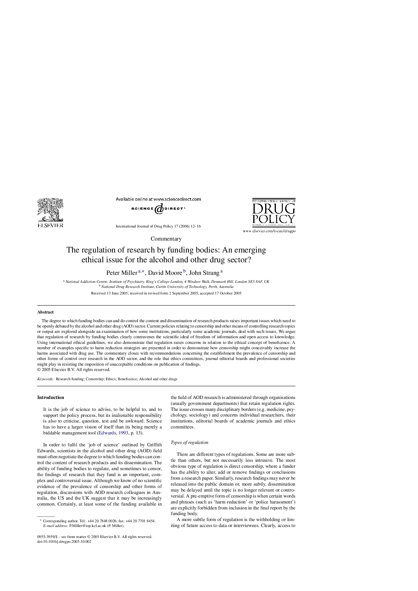 The regulation of research by funding bodies: An emerging ethical issue for the alcohol and other drug sector?