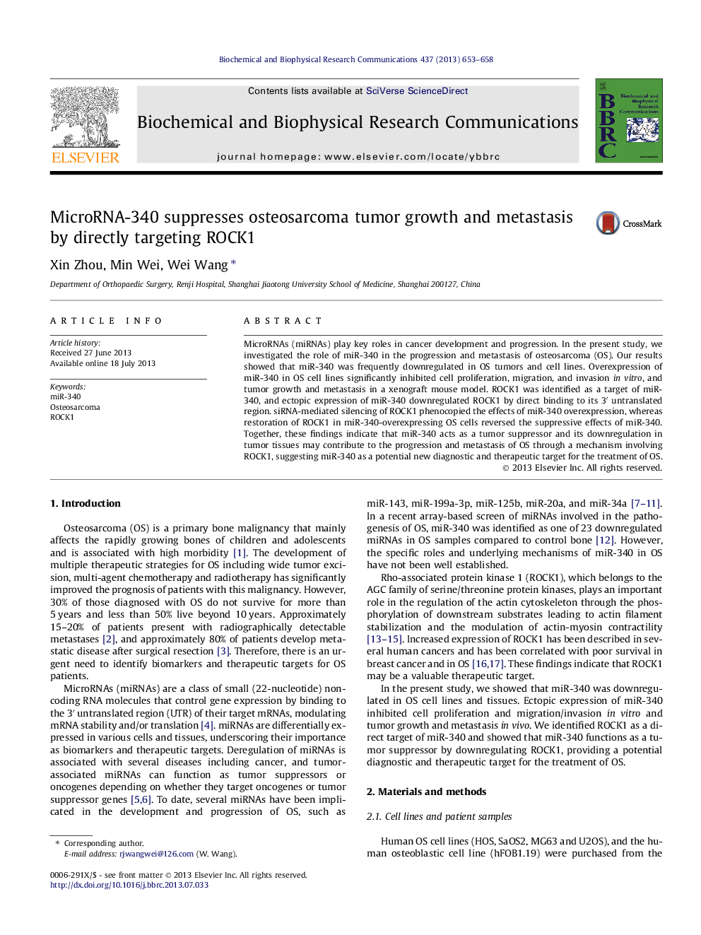 عکس صفحه اول مقاله: MicroRNA-340 suppresses osteosarcoma tumor growth and metastasis by directly targeting ROCK1 MicroRNA-340 suppresses osteosarcoma tumor growth and metastasis by directly targeting ROCK1