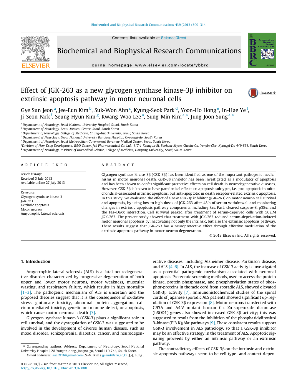 Effect of JGK-263 as a new glycogen synthase kinase-3Î² inhibitor on extrinsic apoptosis pathway in motor neuronal cells