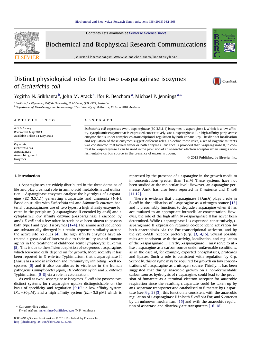 Distinct physiological roles for the two l-asparaginase isozymes of Escherichia coli