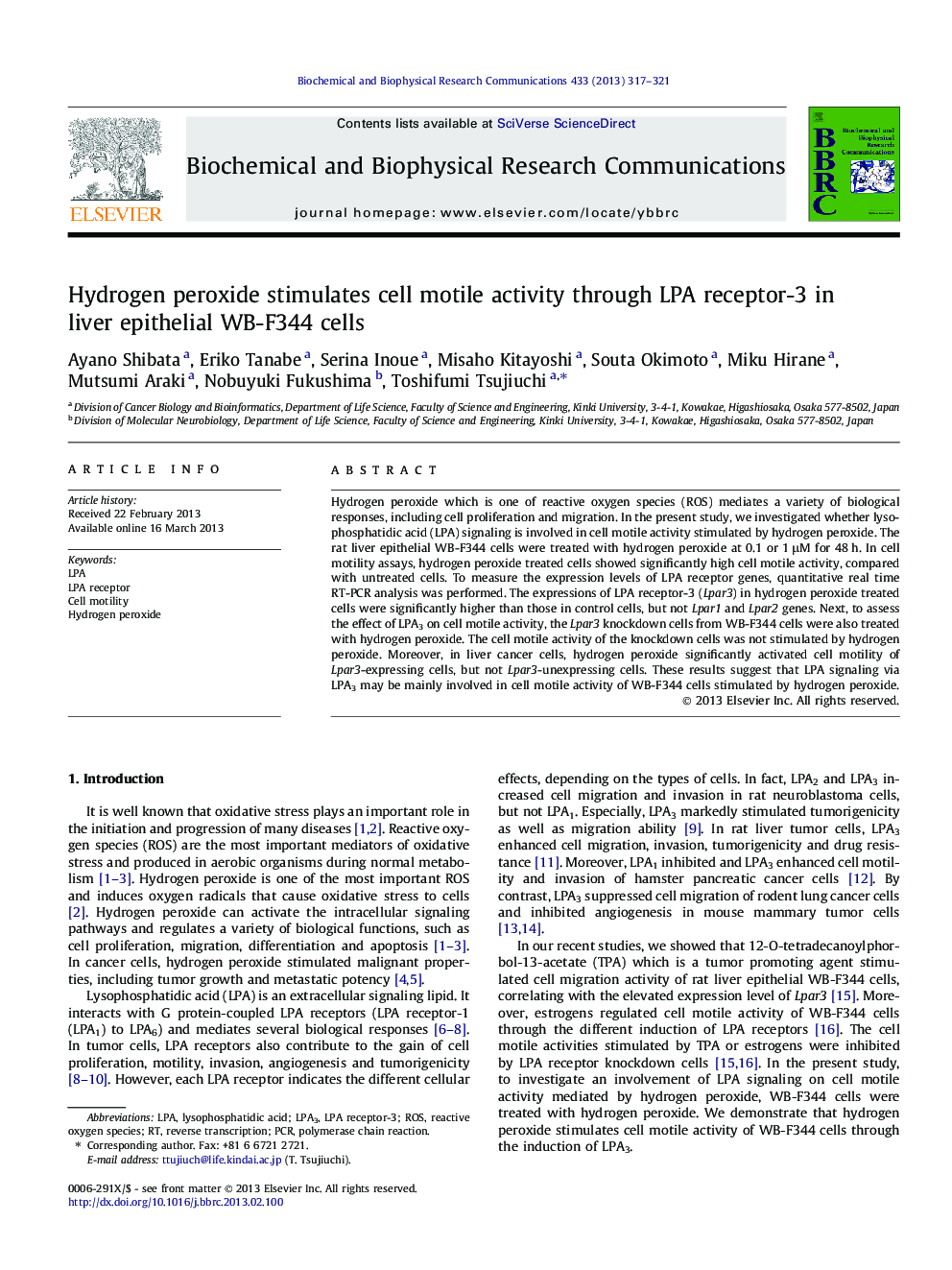 Hydrogen peroxide stimulates cell motile activity through LPA receptor-3 in liver epithelial WB-F344 cells