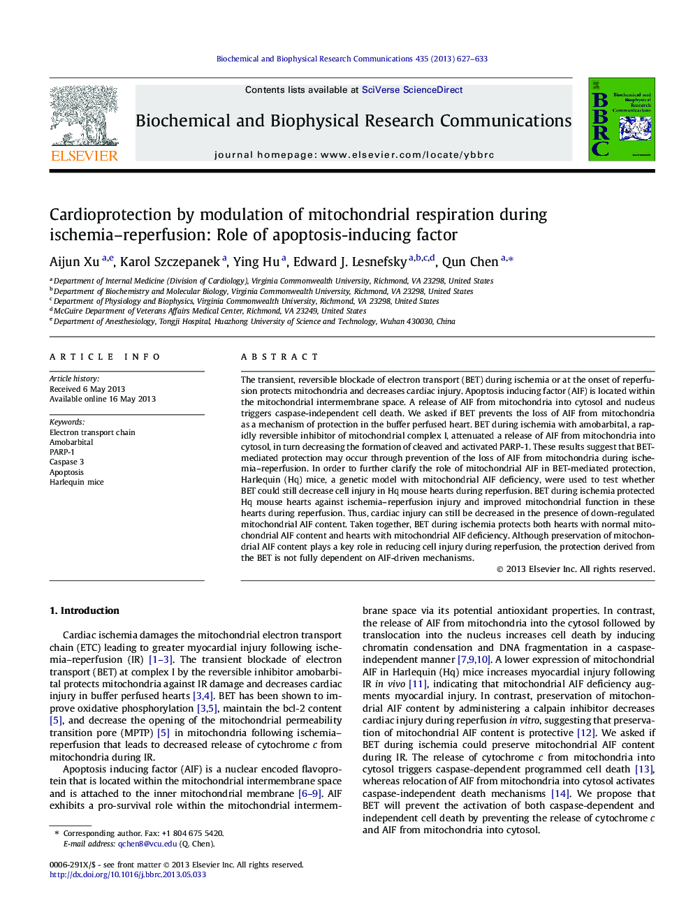 Cardioprotection by modulation of mitochondrial respiration during ischemia-reperfusion: Role of apoptosis-inducing factor