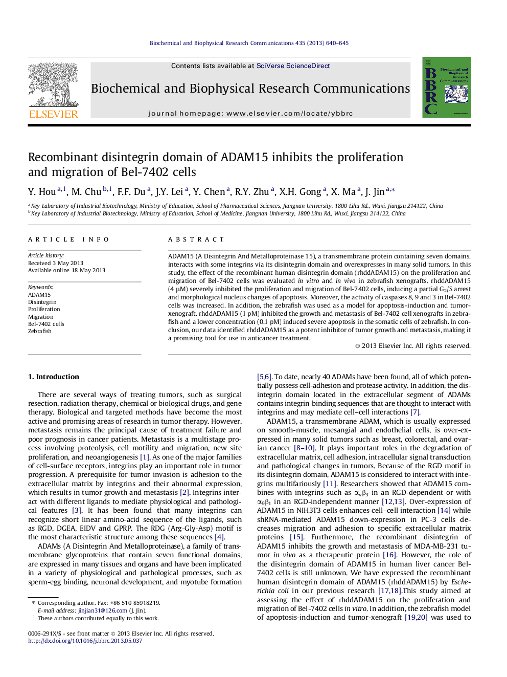 Recombinant disintegrin domain of ADAM15 inhibits the proliferation and migration of Bel-7402 cells