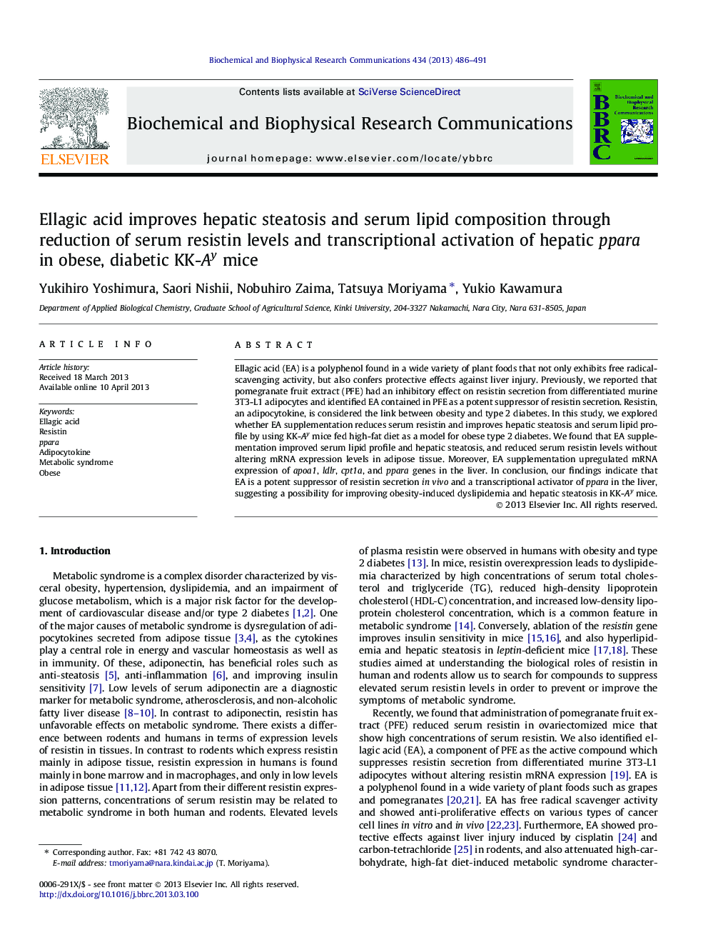 Ellagic acid improves hepatic steatosis and serum lipid composition through reduction of serum resistin levels and transcriptional activation of hepatic ppara in obese, diabetic KK-Ay mice