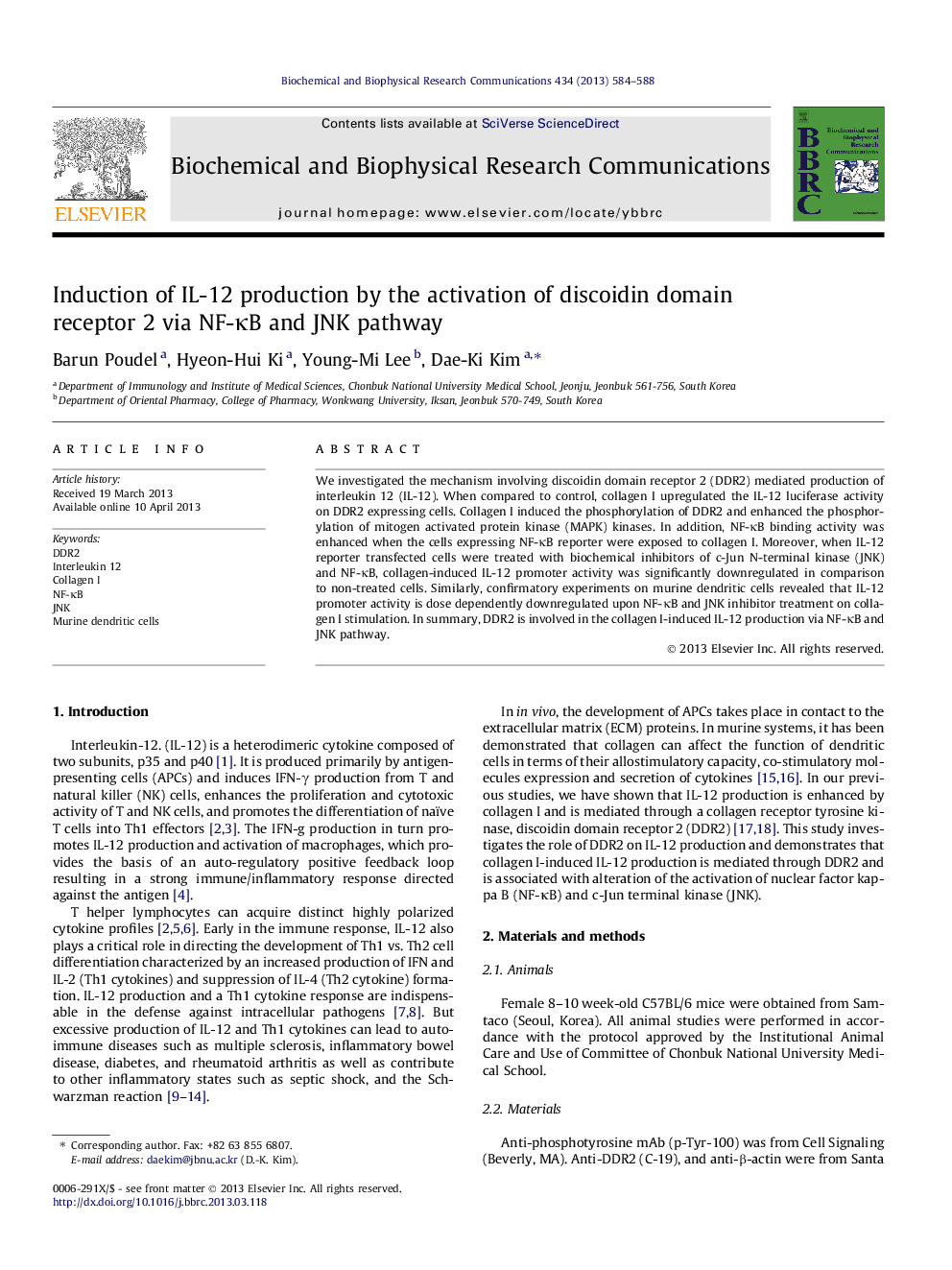 Induction of IL-12 production by the activation of discoidin domain receptor 2 via NF-ÎºB and JNK pathway