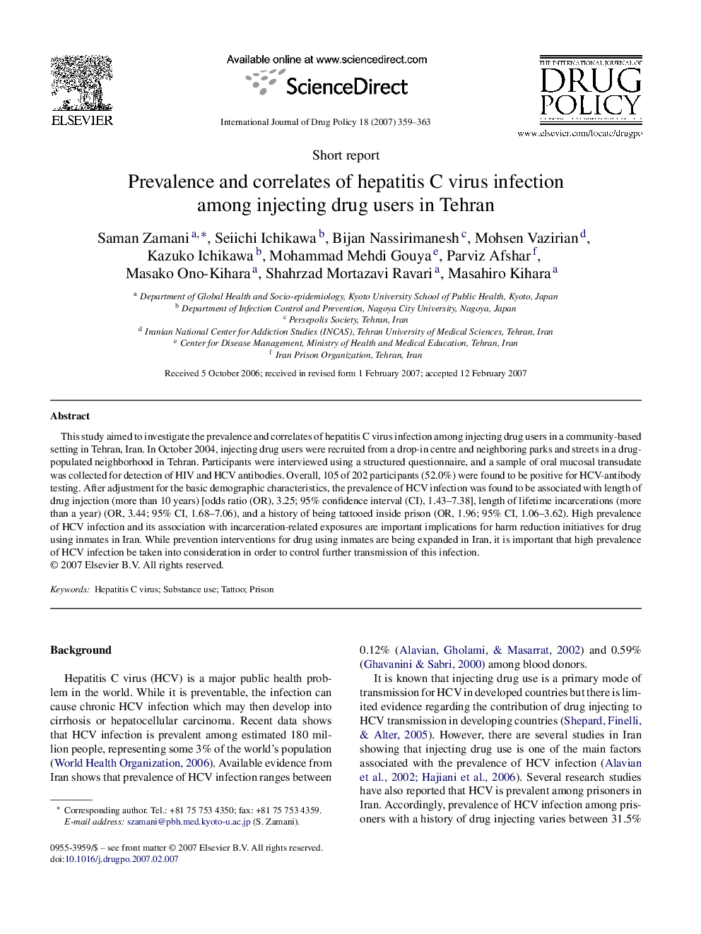 Prevalence and correlates of hepatitis C virus infection among injecting drug users in Tehran