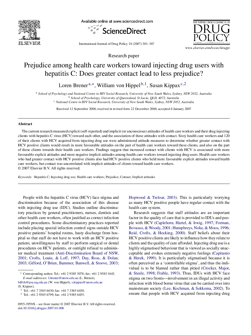 Prejudice among health care workers toward injecting drug users with hepatitis C: Does greater contact lead to less prejudice?