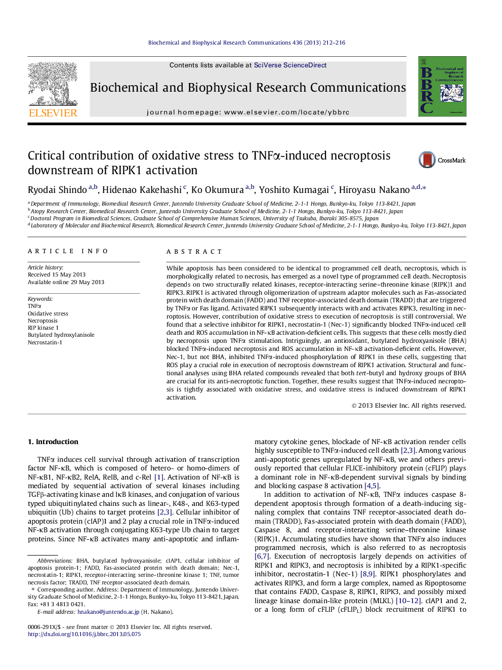 Critical contribution of oxidative stress to TNFÎ±-induced necroptosis downstream of RIPK1 activation