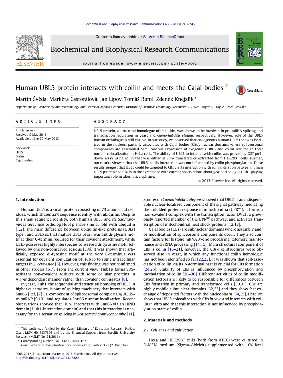 Human UBL5 protein interacts with coilin and meets the Cajal bodies