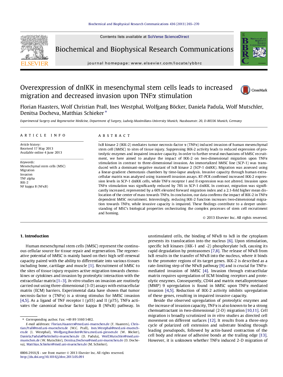 Overexpression of dnIKK in mesenchymal stem cells leads to increased migration and decreased invasion upon TNFÎ± stimulation