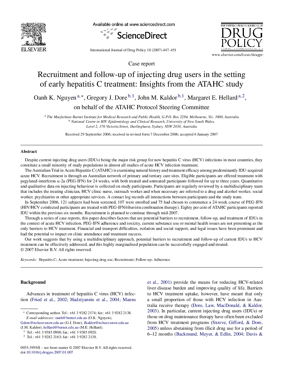 Recruitment and follow-up of injecting drug users in the setting of early hepatitis C treatment: Insights from the ATAHC study