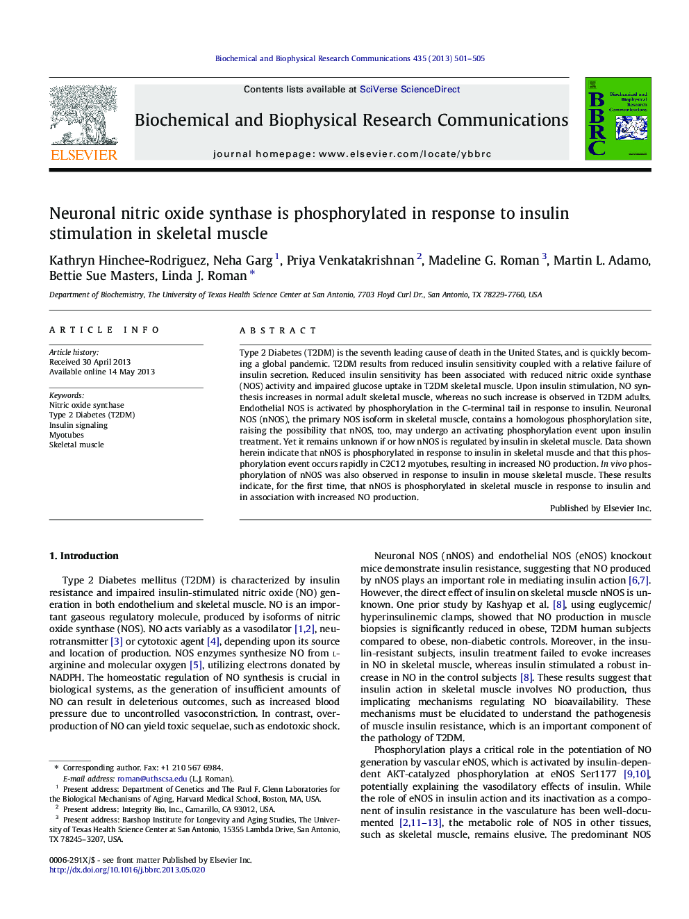 Neuronal nitric oxide synthase is phosphorylated in response to insulin stimulation in skeletal muscle