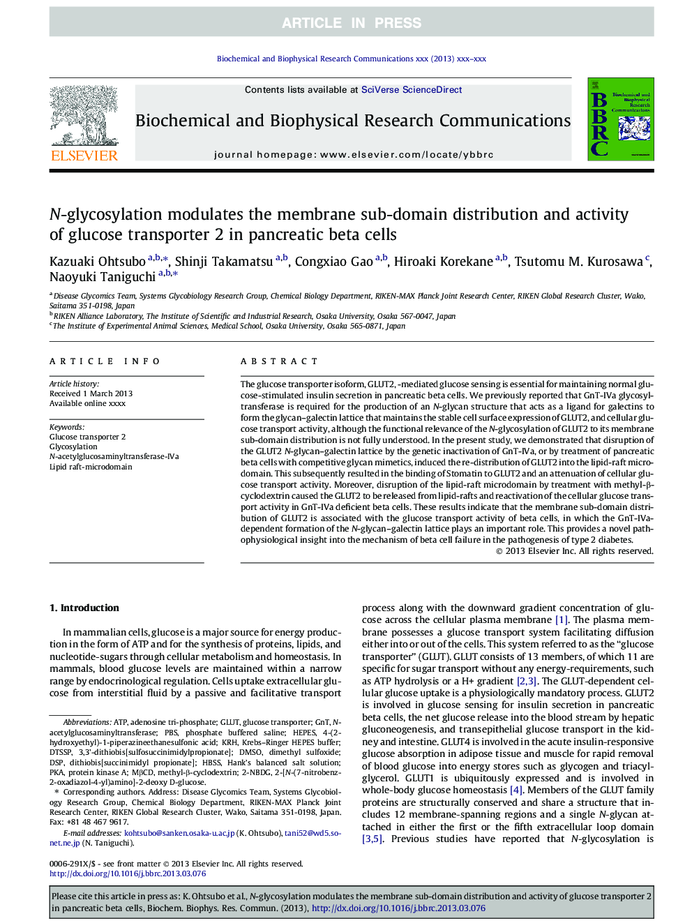 N-glycosylation modulates the membrane sub-domain distribution and activity of glucose transporter 2 in pancreatic beta cells