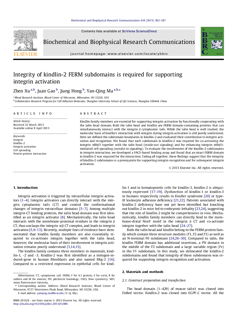 Integrity of kindlin-2 FERM subdomains is required for supporting integrin activation