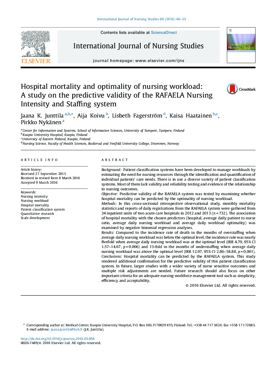 Hospital mortality and optimality of nursing workload: A study on the predictive validity of the RAFAELA Nursing Intensity and Staffing system