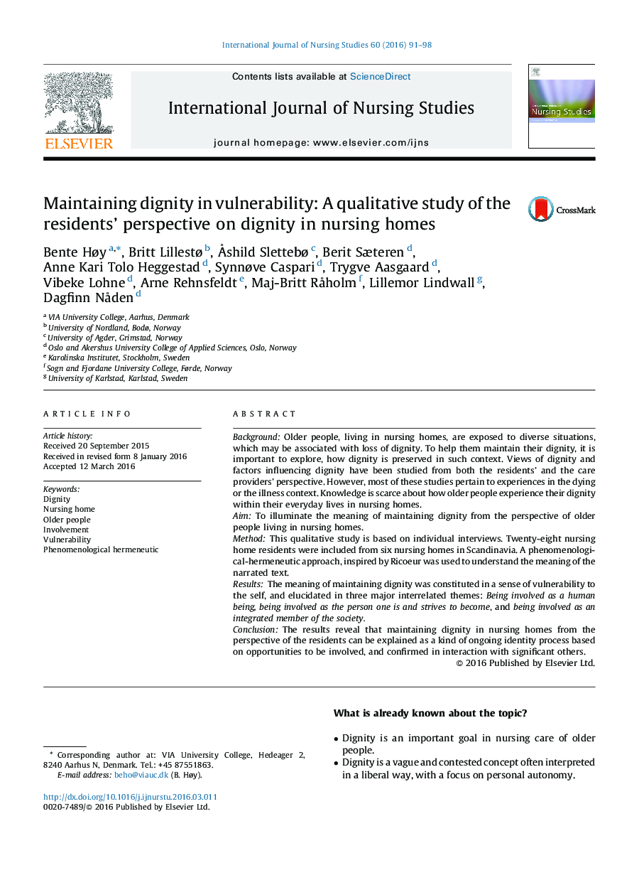 Maintaining dignity in vulnerability: A qualitative study of the residents’ perspective on dignity in nursing homes